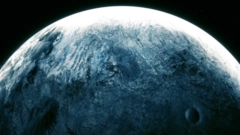 Icy planet or moon in deep space with a bright edge and dark cratered surface Stock Footage 340388507