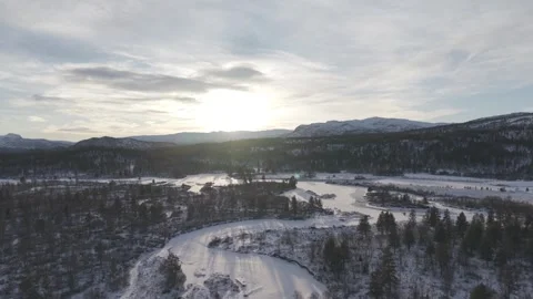 Icy river in evergreen forest, long shadows Video stock 330352523