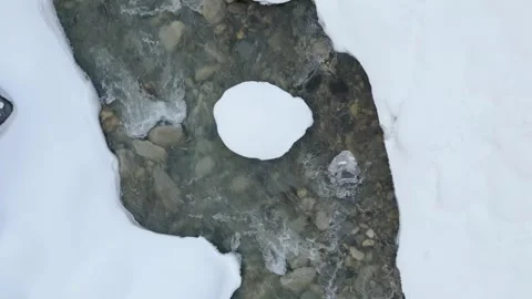 Icy river flowing between snow covered banks with abstract ice shapes and c.. Stock-Footage 318307558