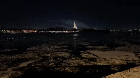 Icy River Reflections Nighttime Cityscape Stock Footage 257582908