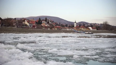 Icy river, small town Stock Footage 71497922