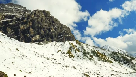 Icy Rock Wall and Soft Snowfields in Winter Sunlight near Oy in the Bavarian Stock Footage 308311355