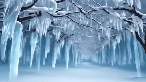 Icy tree branches with hanging icicles, falling snow, omnipresent winter. A.. 動画素材 255897686