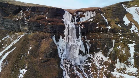 Icy Waterfall Volcanic Cliffs Aerial View around Kirkjubæjarklaustur, Iceland Stock Footage 326067312