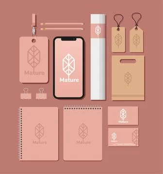 Id badge with bundle of mockup set elements in red background Illustrazione stock