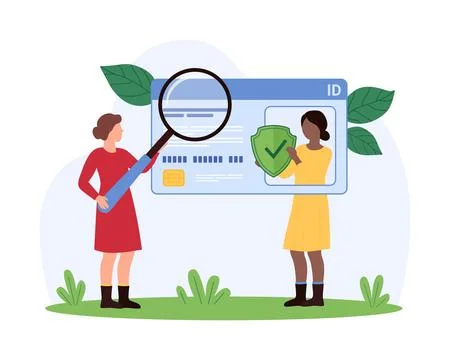 ID card, digital data protection, cyber security, tiny people analyze users Stock Illustration