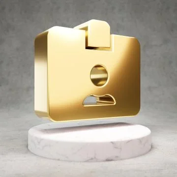 ID Card icon. Shiny golden ID Card symbol on white marble podium. Stock Illustration