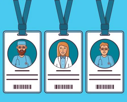 ID cards doctors. Young man and woman. Medical staff character with uniform. Stock Illustration