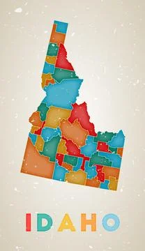 Idaho map. Us state poster with colored regions. Old grunge texture. Vector.. Stock Illustration