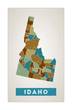 Idaho map. Us state poster with regions. Old grunge texture. Shape of Idaho.. Stock Illustration