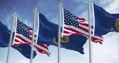 Idaho state flags waving along with the national flags of the US on a clear.. Video stock 289851545