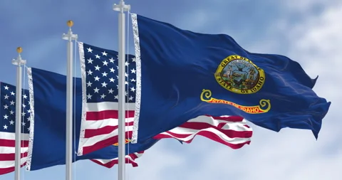 Idaho state flags waving along with the national flags of the US on a clear.. Stock Footage 332408746