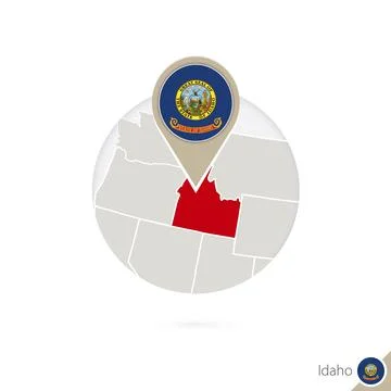 Idaho US State map and flag in circle. Map of Idaho, Idaho flag pin. Map of.. Stock Illustration