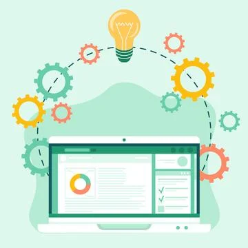 Idea and creative. Opened laptop gear symbols and light bulb for opportunities Stock Illustration