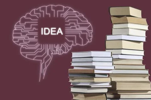 Idea and development. Brain illustration and stacks of books on burgundy ba.. Foto stock
