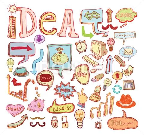Idea and finance icons doodle set. Hand drawn vector illustration. Stock Illustration