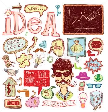 Idea and finance icons doodle set. Hand drawn vector illustration. Stock Illustration