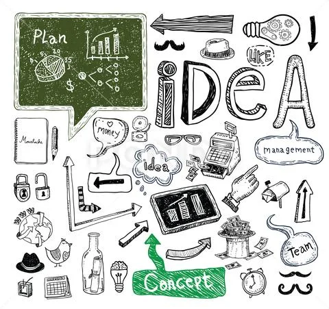 Idea and finance icons doodle set. Hand drawn vector illustration. Stock Illustration