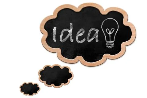 Idea and a light bulb on a thought bubble shaped blackboard Stock Illustration