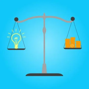 Idea and money stack balance on libra. Vector illustration in flat style. Stock Illustration