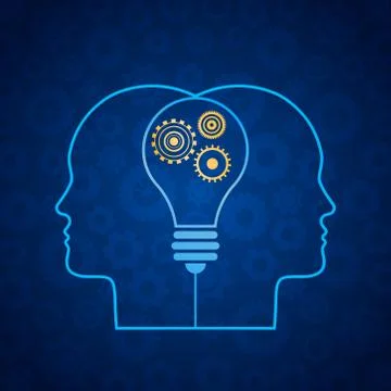 Idea And Teamwork. Abstract Lightbulb With Gear Cogwheels Over Human Heads Illustrazione stock
