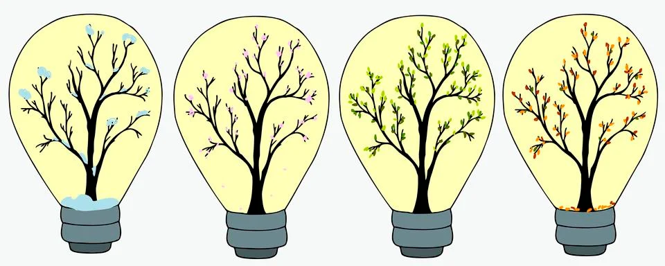 Idea and think concept, Light bulbs with seasons inside. Vector Illustrazione stock