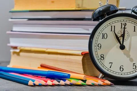 Idea back to school. Ready for school concept background with books, alarm .. Stock Photos