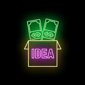 Idea box generating money neon sign illustration Stock Illustration