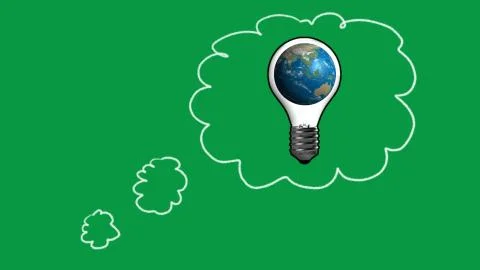 Idea bubble with earth in a bulblight. green background. For ecology, energy, Stock Illustration