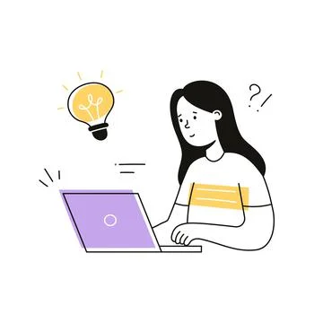 Idea bulb woman, work solution illustration. Doodle outline character work イラスト素材