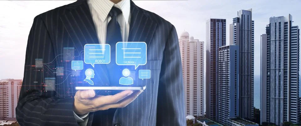 An idea of ??a businessman using a chatbot system to process data and use i.. Stock Photos