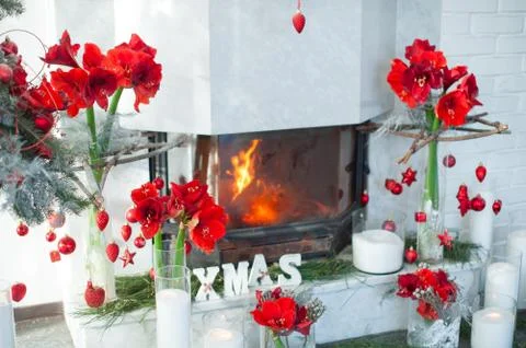The idea of a Christmas fireplace decor. Stock Photos