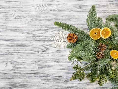 Idea for Christmas pattern or background - Pine branches with dried orange sl Stock Photos