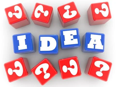 Idea concept on blue cubes with question marks around Stock Illustration