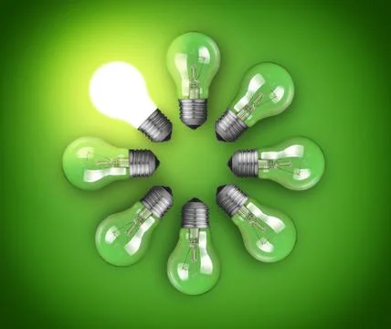 Idea concept with circle of light bulbs and glowing bulb Stockfoto's