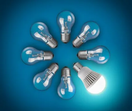 Idea concept with circle of light bulbs and glowing led bulb Stock Photos