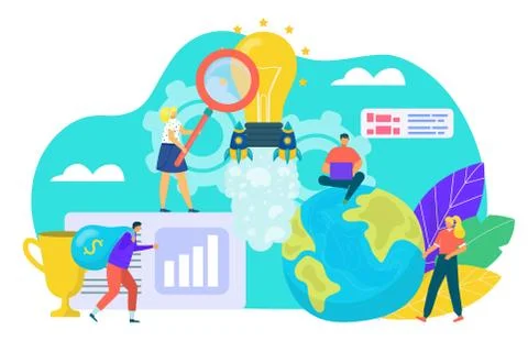 Idea concept, creativity and business solution vector illustration. Tiny people Illustrazione stock