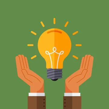 Idea concept. Hands and lights bulb, find solution or answer. Creativity Stock Illustration