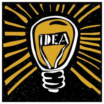 Idea concept illustration. Lightbuld with rays and "Idea" word. Grunge style. Stockillustratie
