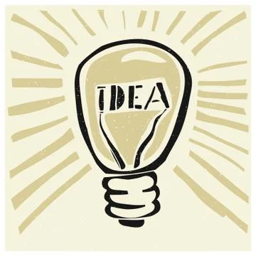 Idea concept illustration. Lightbuld with rays and "Idea" word. Grunge style. Illustrazione stock
