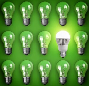 Idea concept with led and many incandescent light bulb Stock Photos