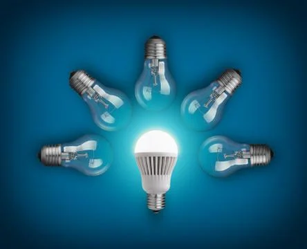 Idea concept with light bulbs and glowing led bulb Stock Photos