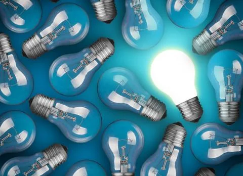 Idea concept with light bulbs on blue background Stock Photos