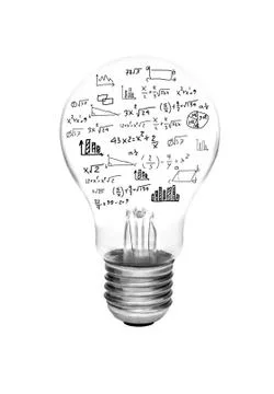 Idea concept - light bulbs with bright glowing with math formula and graph is Stock Photos