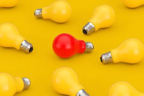 Idea Concept. One Red Light Bulb in Heap of Yellow Light Bulb. 3d Rendering Stock Illustration