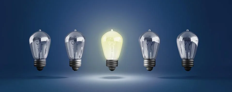 Idea concept with row of light bulbs and glowing bulb 3d illustration on blue Stock Illustration
