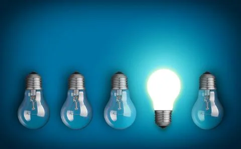 Idea concept with row of light bulbs and glowing bulb Stock Photos