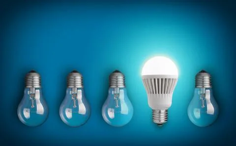 Idea concept with row of light bulbs and glowing led bulb Stock Photos