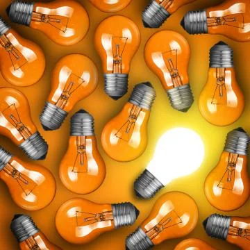 Idea concept with row of light bulbs and glowing bulb Stock Photos