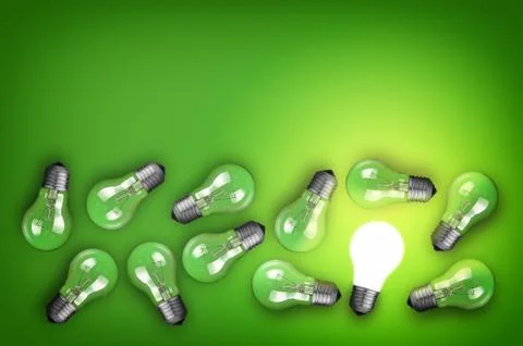 Idea concept with row of light bulbs and glowing bulb Stockfoto's